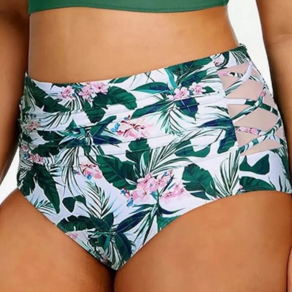 NWOT Yonique HIGH WAIST tummy control crisscross sides bikini bottom 24W floral